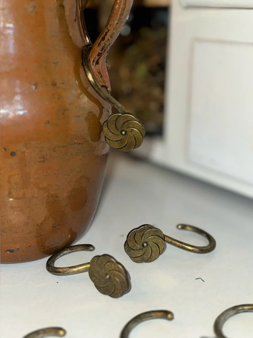 Antique Brass or Bronze Floral Curtain Hooks Set of 12